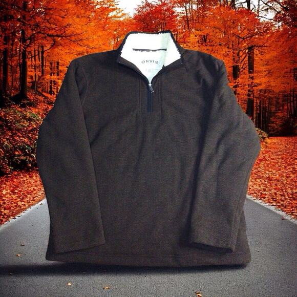 Orvis Men's Brown Sherpa Fleece Lined 1/4 Zip Heavy Pullover Sweater Medium - Picture 1 of 7